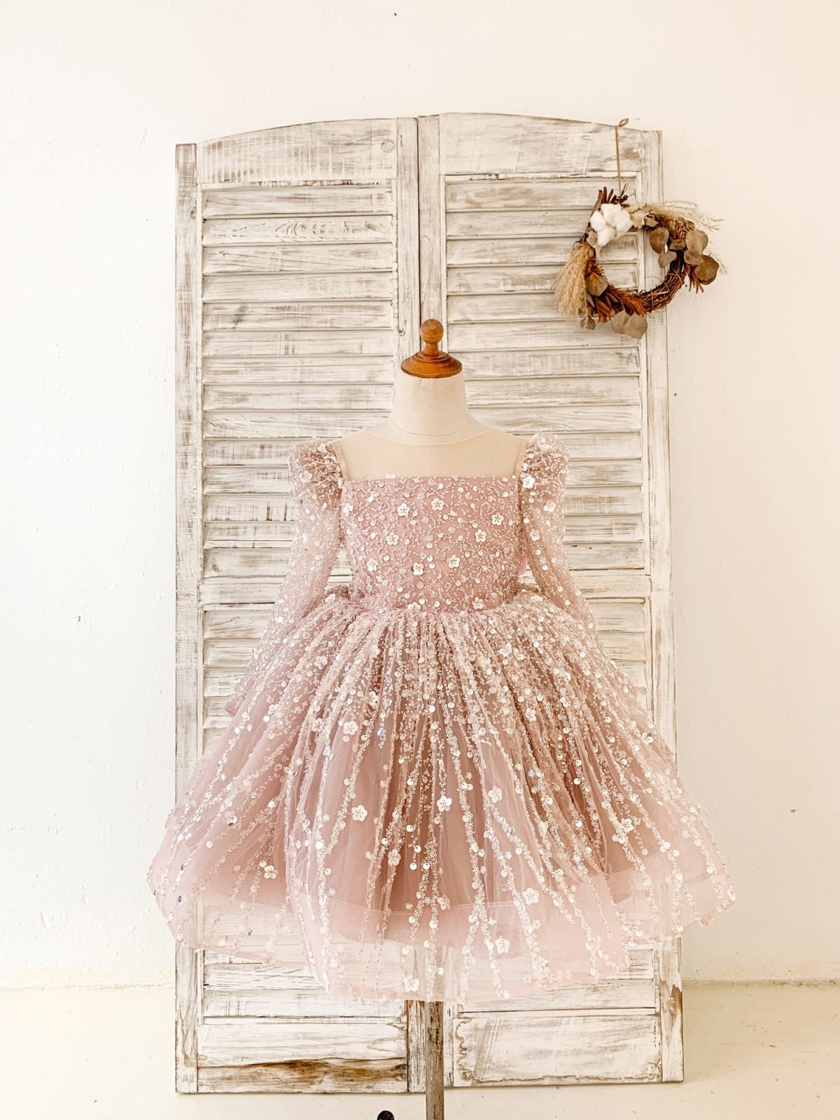 Long Sleeves Mauve Crystal Beaded Wedding Flower Girl Dress